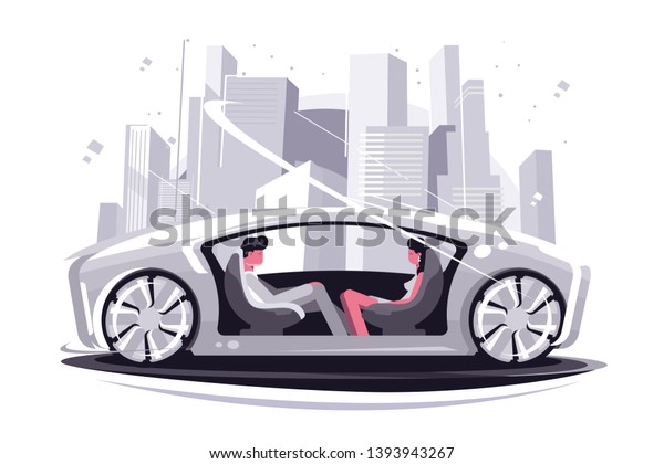 Super
car of future vector illustration. Man and woman sitting opposite
each other in modern smart automobile and communicating flat style
concept. Autonomous vehicle self driving
machine
