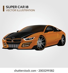 Super car I8 realistic vector illustration design orange and black color front and angle look modern car 