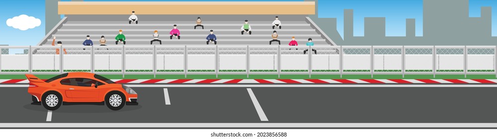 Superauto en pista de carreras por banner. Antecedentes de estadios y animadores y una imagen borrosa de una gran ciudad. Ilustración de vectores planos de espacio de copia.