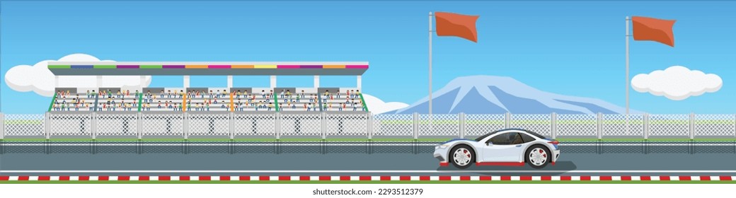 Superauto en pista de carreras por banner. Antecedentes de estadios y animadores y una imagen borrosa de una montaña. Ilustración de vectores planos de espacio de copia.