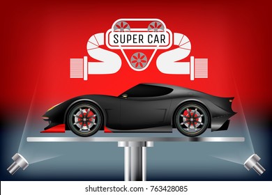 Super car realistic design concept. Sport car luxury with matte black color isolated on a red and grey background. Vector illustration design. EPS10
