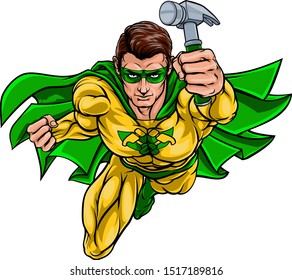 A super carpenter handyman hero man superhero holding a hammer