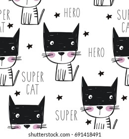 Super Cat. Cartoon print. Seamless pattern