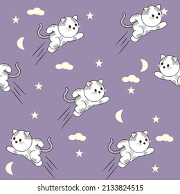 Super Katze so süß auf Stern, Mond und Wolke Hintergrund. Mustervektor und Illustration.