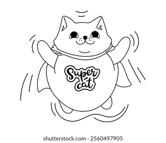 Super Cat. Doodle style. Cartoon Cat with Superhero Cape for a Bold and Exciting Theme Illustration. Vector illustration