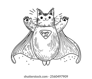 Super Cat. Doodle style. Cartoon Cat with Superhero Cape in Flight for a Thrilling Theme Illustration. Vector illustration