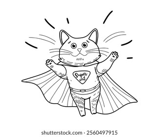 Super Cat. Doodle style. Cartoon Cat with Superhero Cape for a Brave and Heroic Theme Illustration. Vector illustration