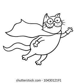 Super cat is flies for a feat. Funny cartoon superhero character. Isolated vector illustration.