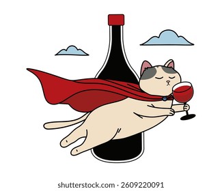 Super cat flying with a wine glass in his paw against a wine bottle in the background. Vector