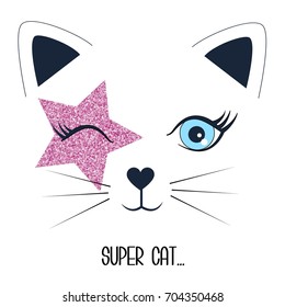 Super cat print design with slogan. Vector illustration design for fashion fabrics, textile graphics, prints.