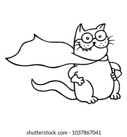 Super cat is ready for a feat. Funny cartoon cool character. Isolated vector illustration. White color background.