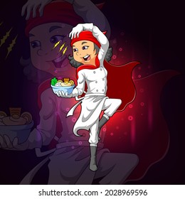 The super chef holds the rice bowl for esport logo design of illustration