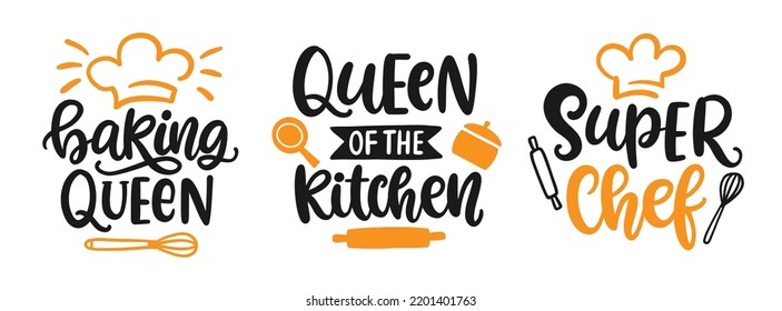 Super chef logo, Baking Queen of the Kitchen, hand written lettering emblems set with cooker hat. Cooking sayings collection. Modern calligraphy inscription. Vintage Kitchen decor. Vector illustration