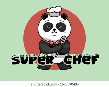 Super chef logo, cooking template, the hero proudly folded his paws. Funny panda character, logotype, badge, sticker, emblem, label on background. Vector illustration