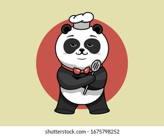 Super chef logo, cooking template, the hero proudly folded his paws. Funny panda character, logotype, badge, sticker, emblem, label on yellow background. Vector illustration