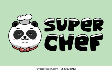 Super chef logo, cooking template, the hero proudly folded his paws. Funny panda character, logotype, badge, sticker, emblem, label on background. Vector illustration
