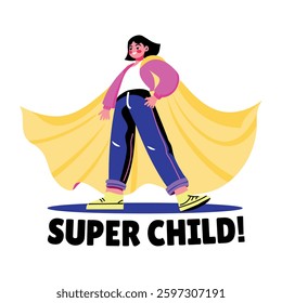 Super child wearing a cape, flat style sticker 