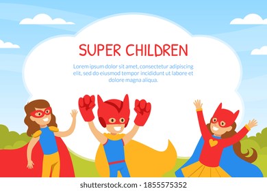Super Children Banner Vorlage mit Platz für Text, Geburtstagsfeier, Einladungskarte mit fröhlichen Kindern, die in Superhero-Kostümen verkleidet sind Cartoon-Vektorgrafik