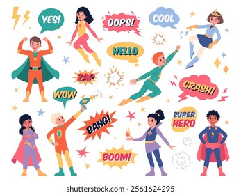 Super children. Comic speeches and short phrases, cute girls and boys in superhero costumes, wearing capes, dynamic poses, speech bubbles, power character cartoon flat isolated vector set