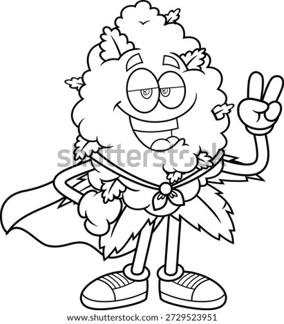Super Chill Marijuana Bud Cartoon Character With Cape – Black and White Vector Hand Drawn Illustration Isolated On Transparent Background
