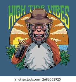 A super chill and vibrant vector illustration titled 'HIGH TIDE VIBES.' This graphic features a smiling, anthropomorphic chimpanzee or monkey wearing a bucket hat and doing the shaka sign.