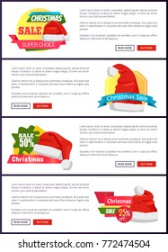 Super choice Christmas sale web banners with push buttons read more and buy now, Santa Claus caps on advertisement emblems, place for text vector set