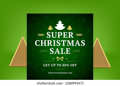 Super Christmas sale green ornamental social media post template with place for text vector illustration. Xmas winter seasonal discount shopping special offer vintage web banner spruce fir tree design