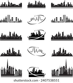 Super city skyline set. 15 vector city silhouettes of USA Canada cities skylines silhouettes vector	