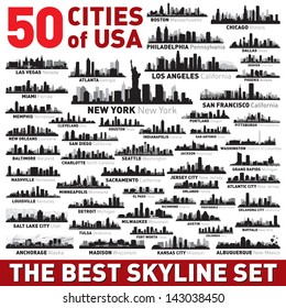 Super City Skyline Set. 50 Vector City Silhouettes Of USA