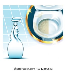Super Clean Creative Advertising Poster Vector. Blank Plastic Spray Bottle With Antibacterial Liquid For Clean Toilet. Empty Clear Package. Container Concept Template Realistic 3d Illustration