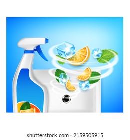Super Cleaner Creative Promotion Banner Vector. Cleaner Blank Spray Chemical Liquid With Orange And Ice Mint Aroma For Cleaning Sink On Advertising Poster. Concept Template Realistic 3d Illustration