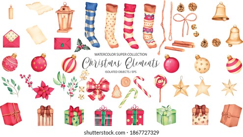 Super collection watercolor Christmas elements complete set eps10