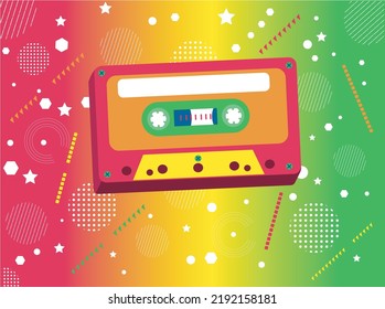 Super colorful 3d illustration of retro vintage audio cassette tape. Vector illustration under abstract colorful background.
