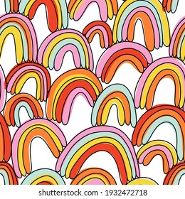 Super colorful abstract doodle rainbows, vector seamless pattern on white background