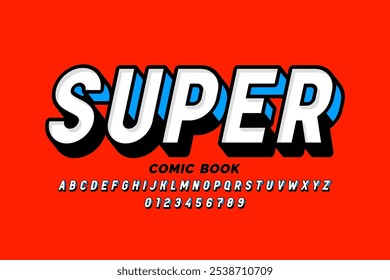 Super. Schriftdesign im Comic-Stil, Alphabetbuchstaben und -zahlen, Vektorgrafik