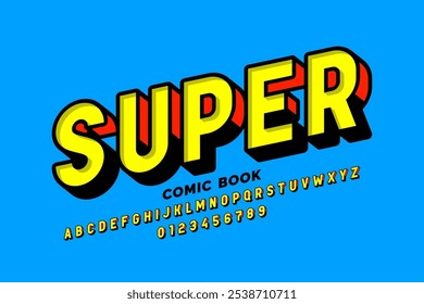 Super. Comic book style font design, alphabet letters and numbers vector illustration