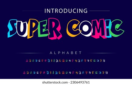 Super Comic Funky colorful cartoon font type. Vector alphabet