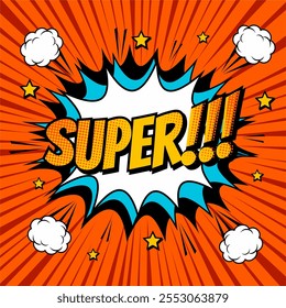 Super! comic speech bubble or shout balloon in trendy pop art style in front of ray background vector illustration.