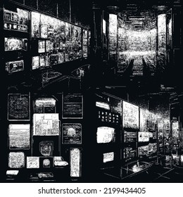 Super computer. Computer display. Complete schemes. Semantic analysis.Artificial intelligence .Technology. Virtual reality Vector illustration