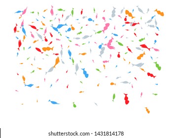 Super confetti assembled. Colored hand drawn fish particles. Confetti new background bokeh.