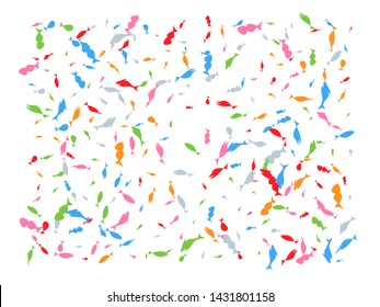 Super confetti assembled. Confetti new background decorative. Colored hand drawn fish abstract.