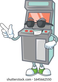Super cool arcade game machine mascot character wearing black glasses