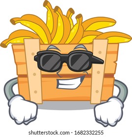 Super cool banana fruit box mascot character wearing black glasses
