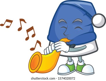Super cool blue christmas hat cartoon character performance with trumpet
