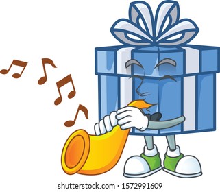 Super cool blue gift box cartoon character performance with trumpet