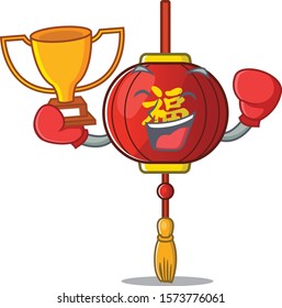 Super cool Boxing winner asian lantern in mascot cartoon style