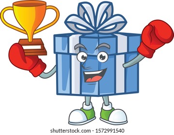 Super cool Boxing winner blue gift box in mascot cartoon style