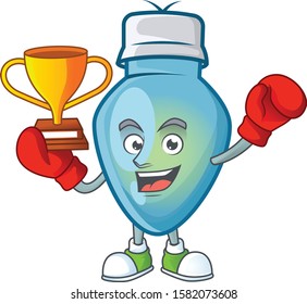 Super cool Boxing winner blue christmas bulb in mascot cartoon style