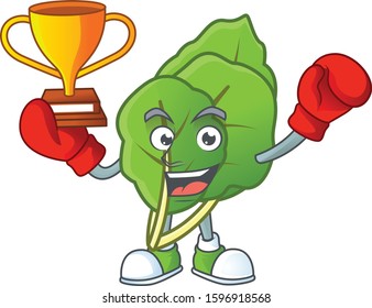 Super cool Boxing winner collard greens in mascot cartoon style