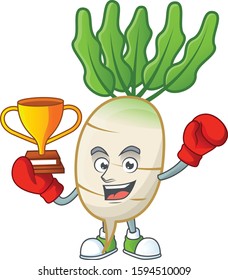 Super cool Boxing winner daikon in mascot cartoon style